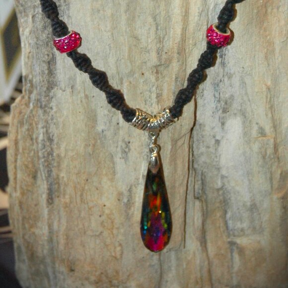 Teardrop Rainbow Colored Faceted Teardrop on a Handmade 23 1/2" Black Hemp Chain - Picture 4 of 6